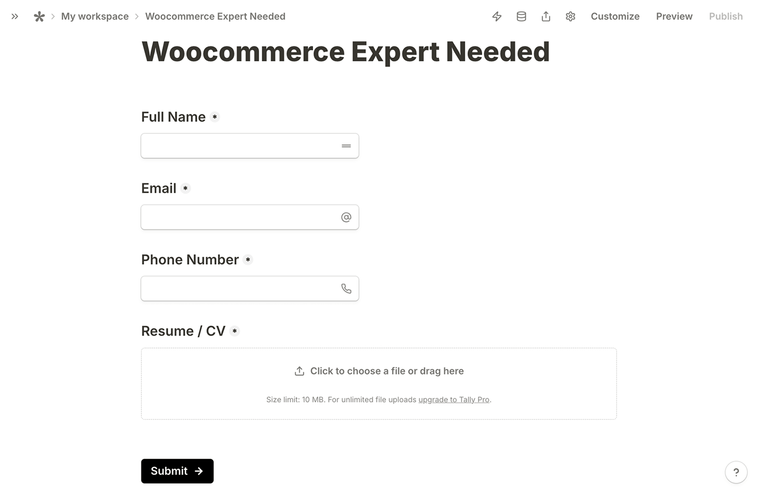Resume submission form built with the help of Tally.so