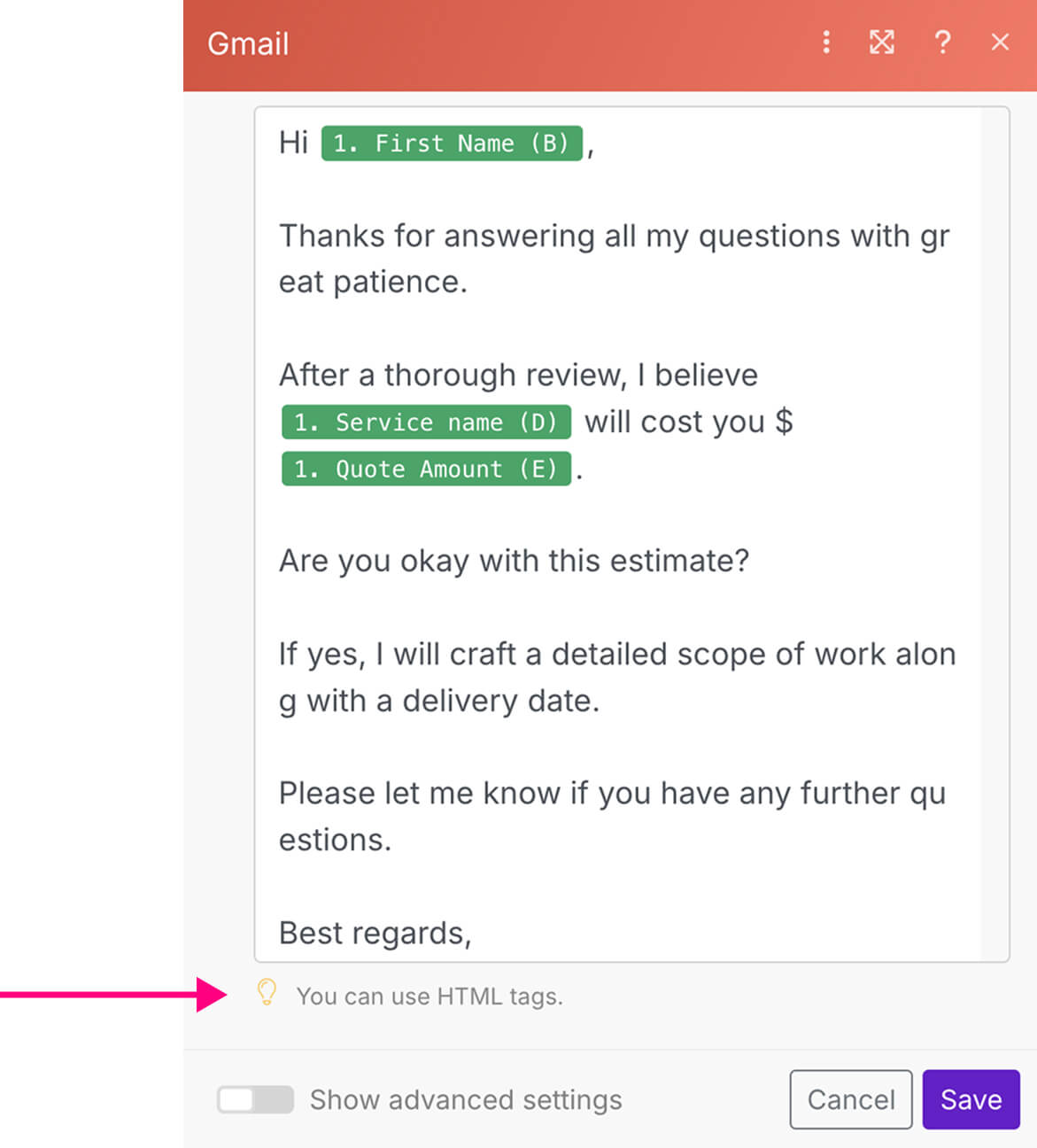 The location of instruction saying "You can use HTML tags" 