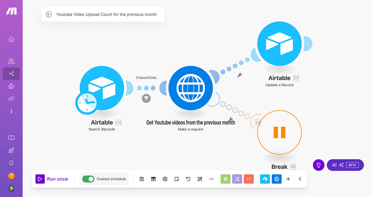 Diagram of "Youtube Video Upload Count" automation
