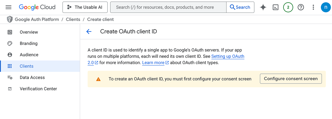 The screen for creating OAuth Client ID