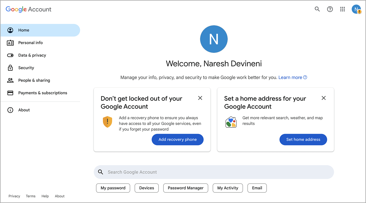 Welcome screen after creating a Google account