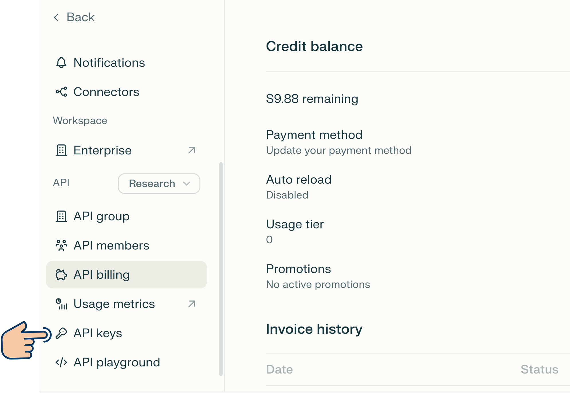 Menu location for accessing the API keys screen.