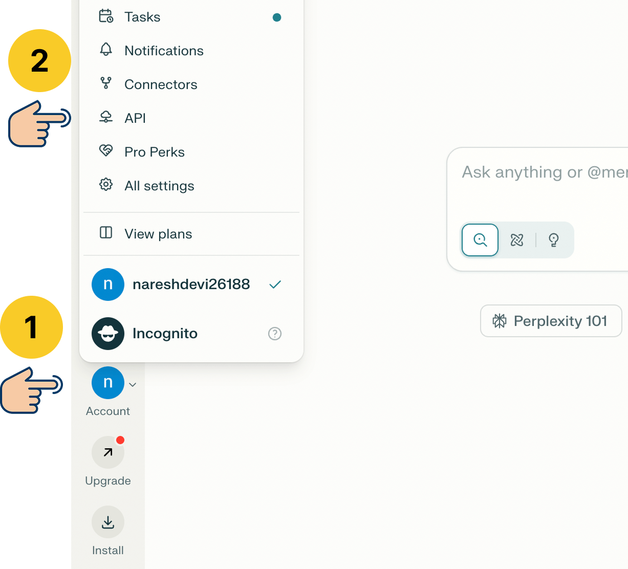 Menu links for accessing Perplexity API settings