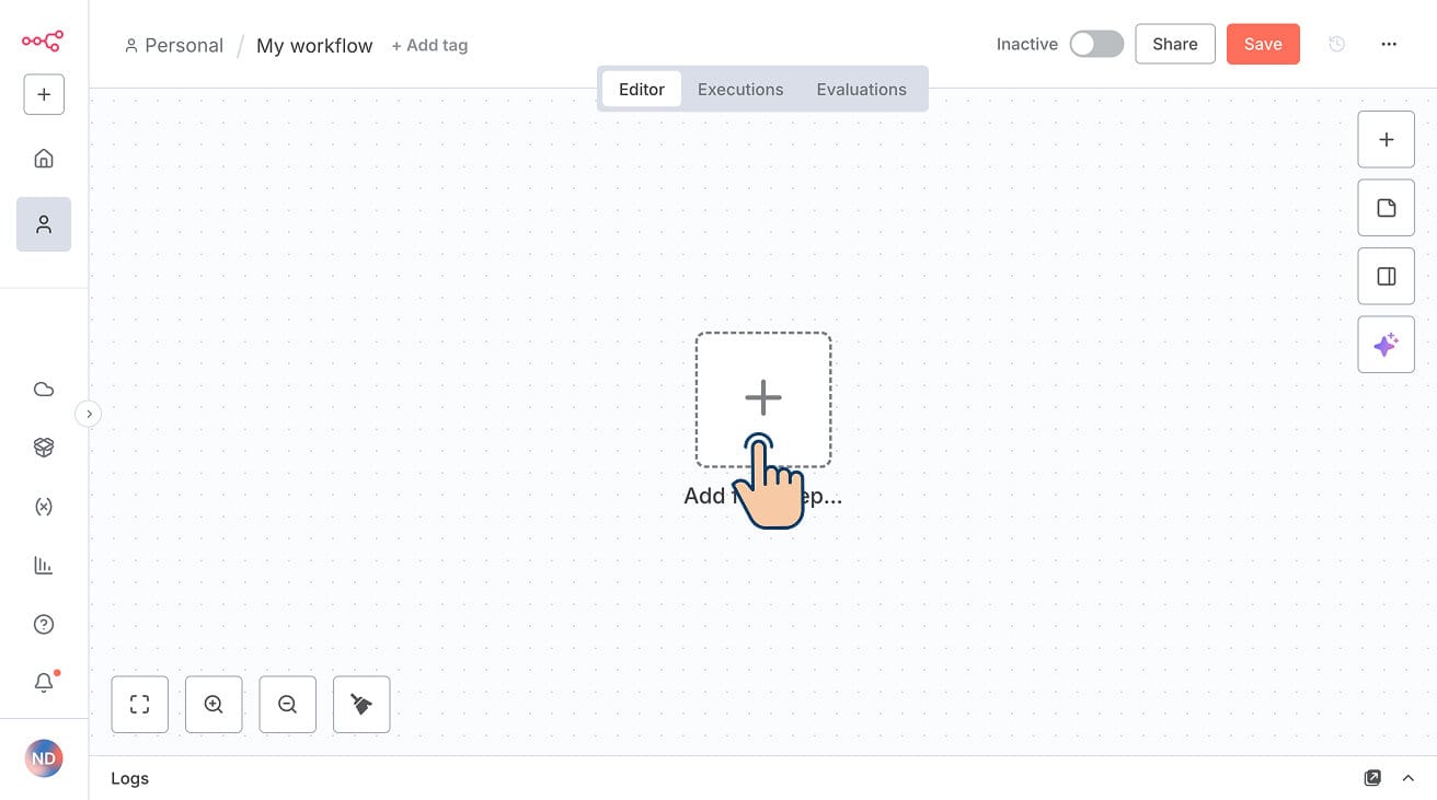 Big plus button for adding first node of n8n workflow