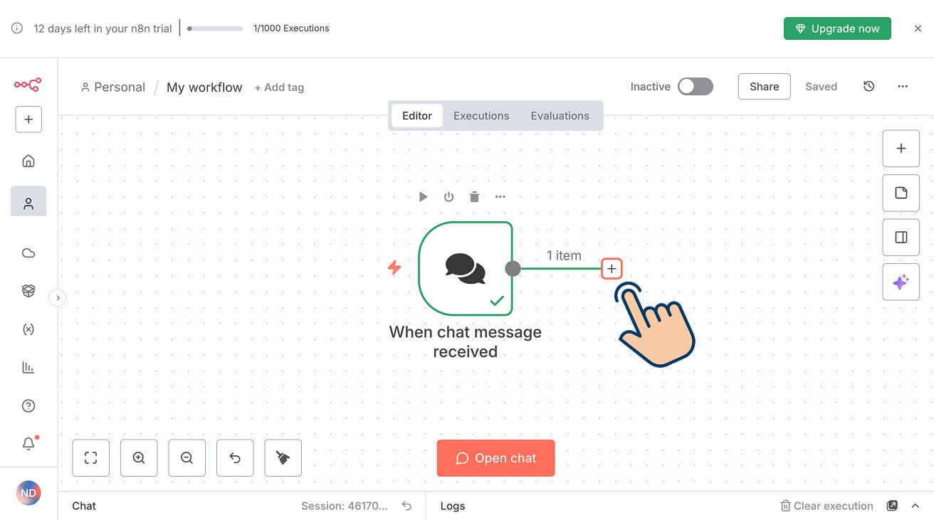 Button for adding a new node to the n8n workflow