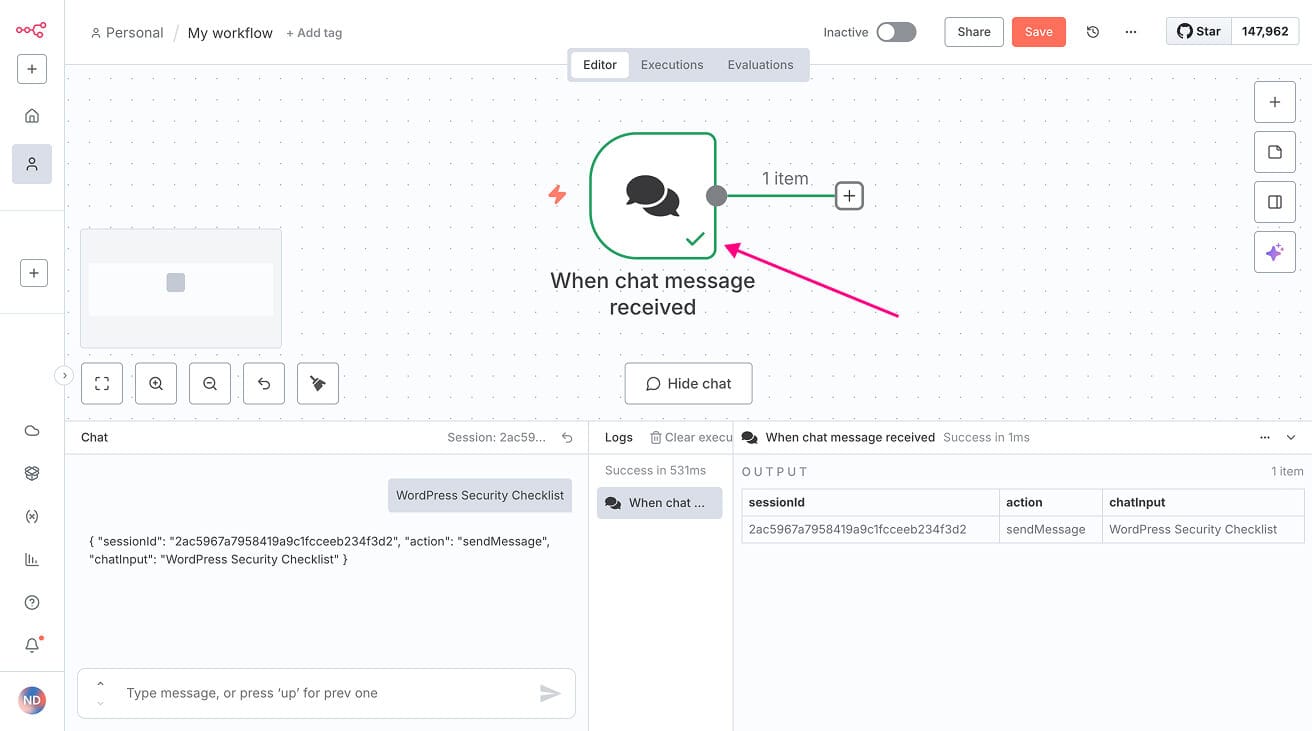 Green border around the trigger node suggesting that the node got executed successfully