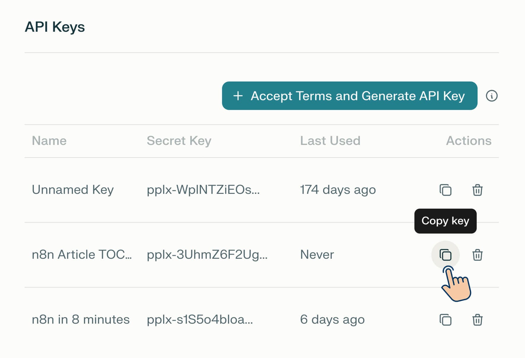 Button for copying the API key created 