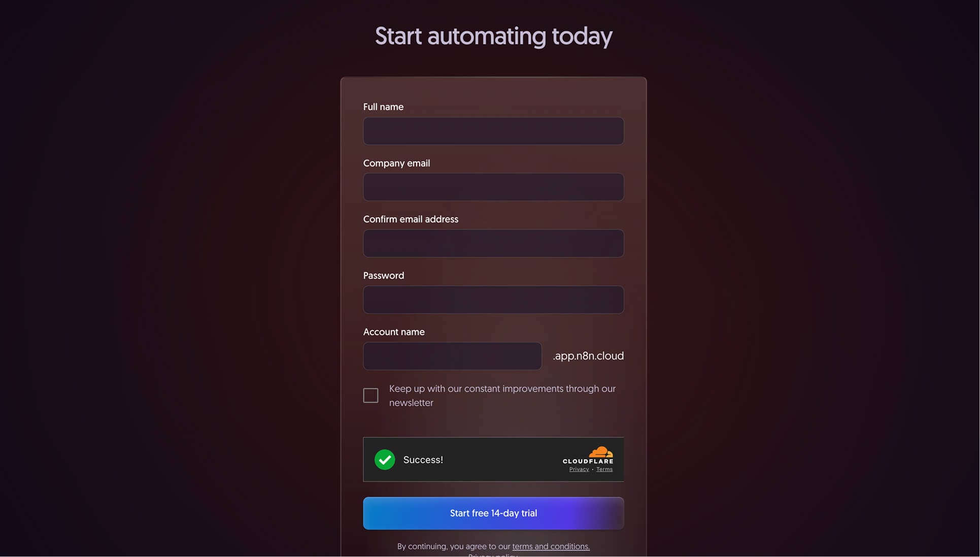 Form for creating a free-trial account on n8n