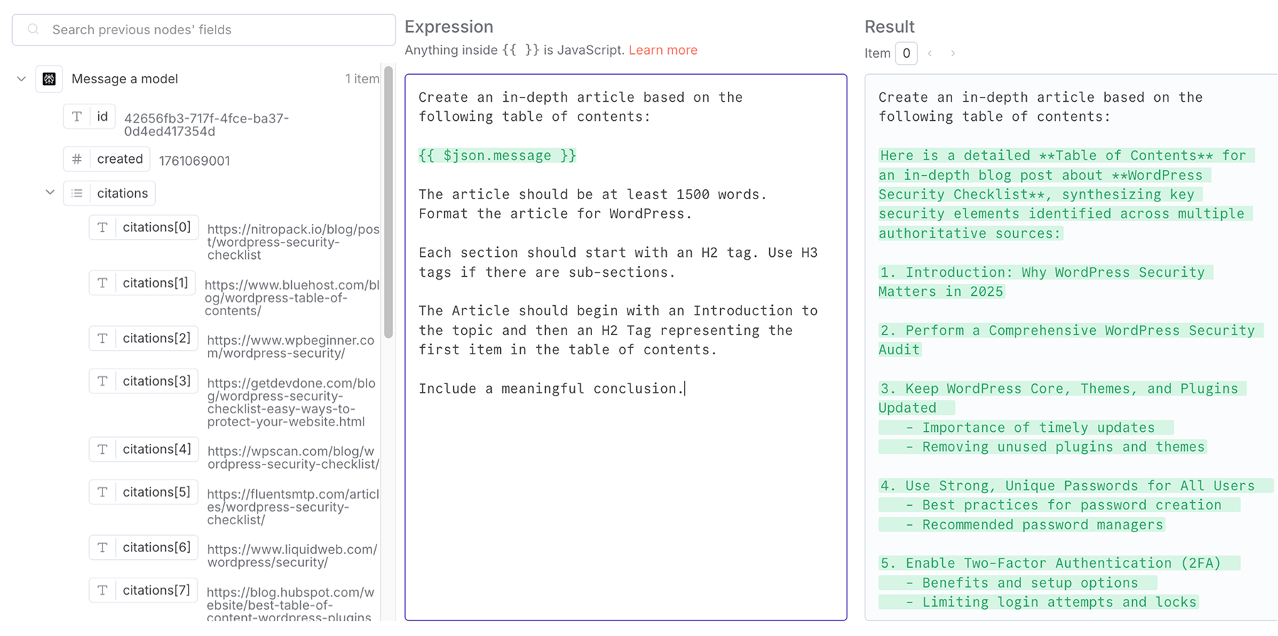 n8n panel with expression and its result