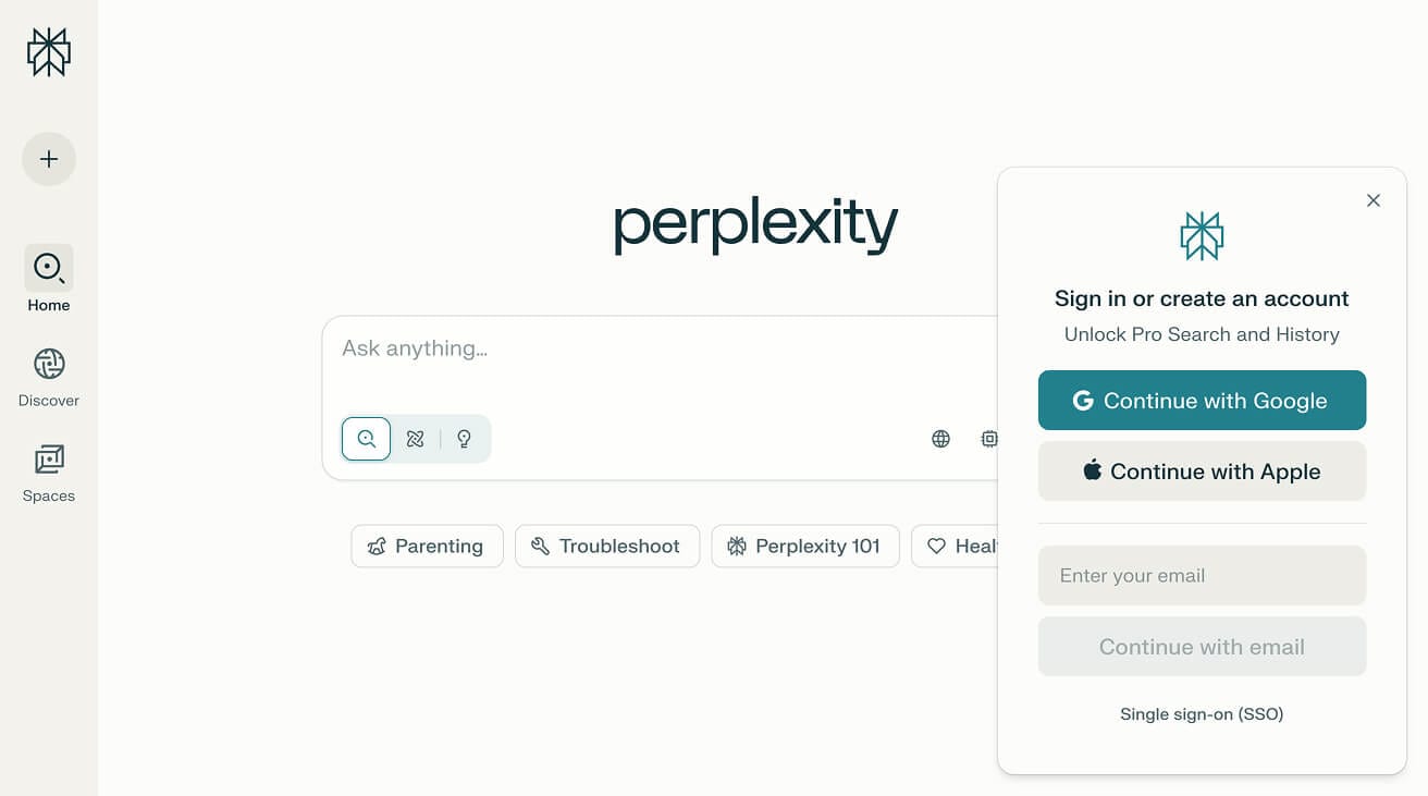 Homepage of Perplexity AI