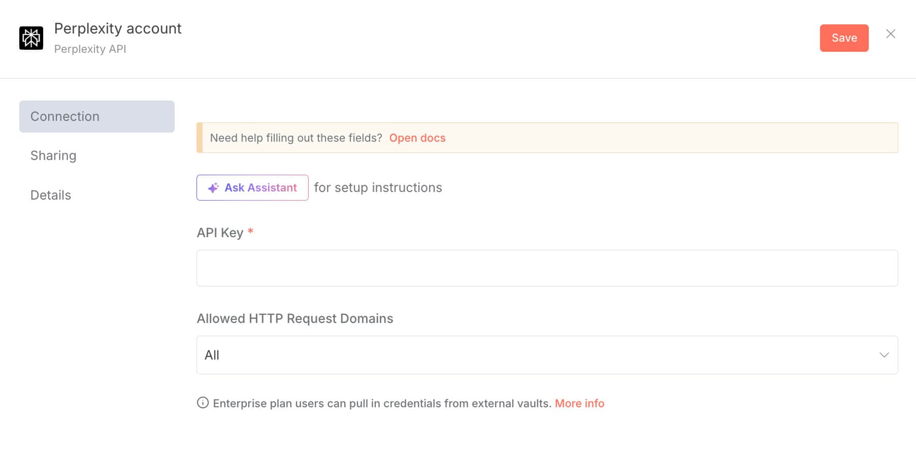 Popup for entering a platform's API credentials inside n8n