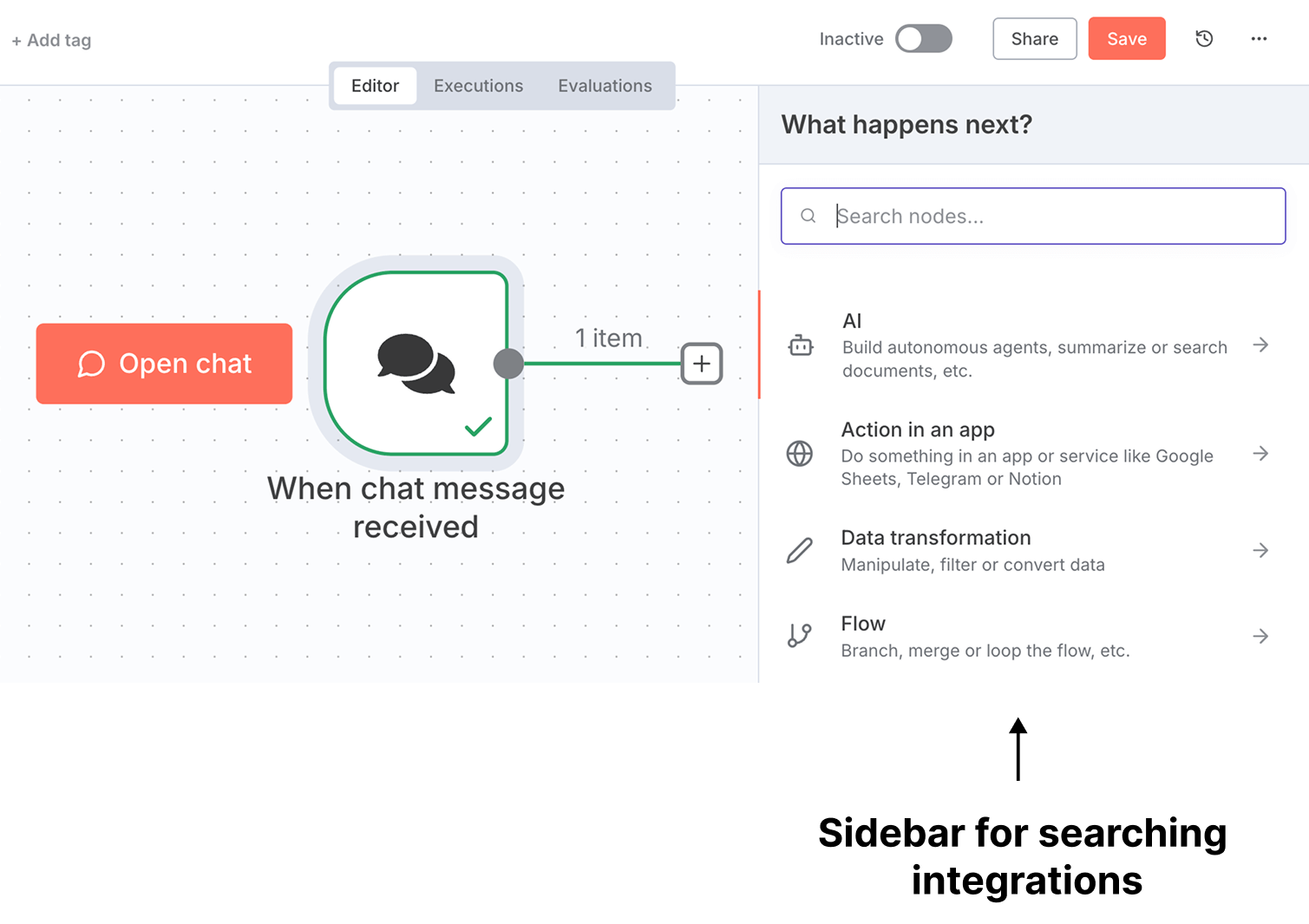 Sidebar for searching n8n integrations