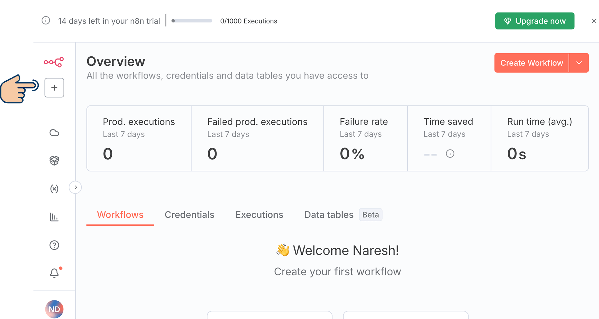 n8n Home screen with the "+" button