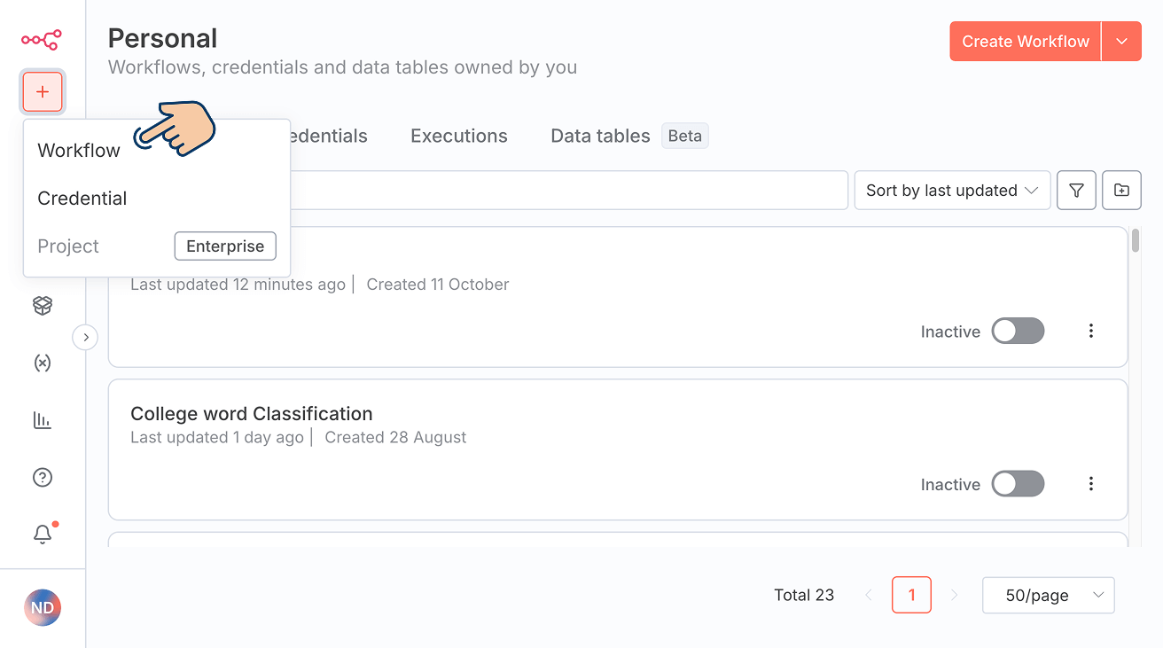 Button for creating a new workflow inside n8n