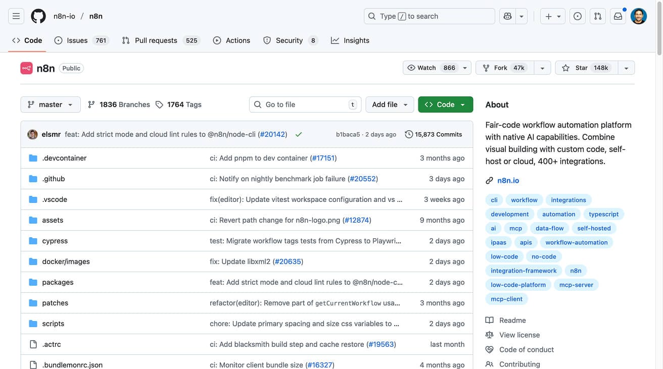 n8n on Github with more than 148k stars
