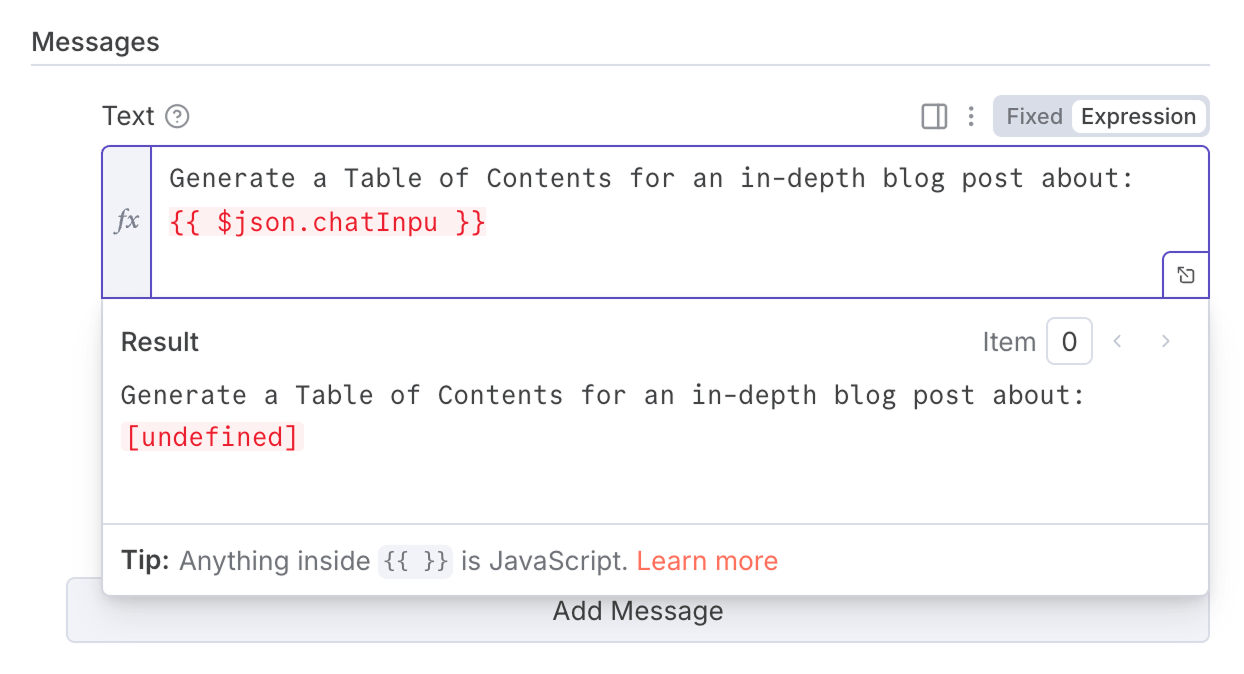 n8n "undefined" Javascript error