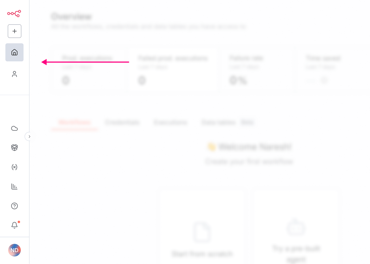 Main menu of n8n dashboard