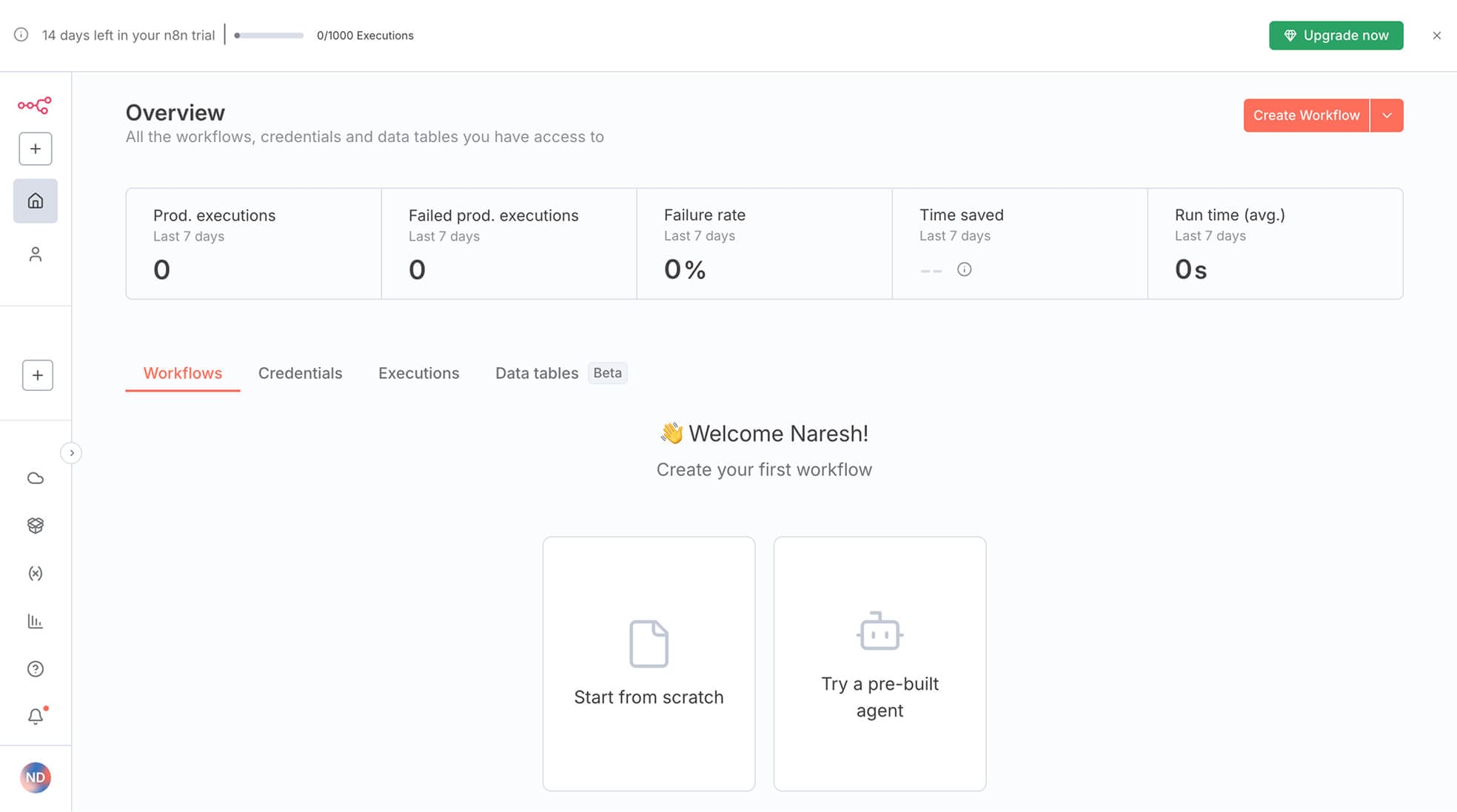 n8n dashboard with overview
