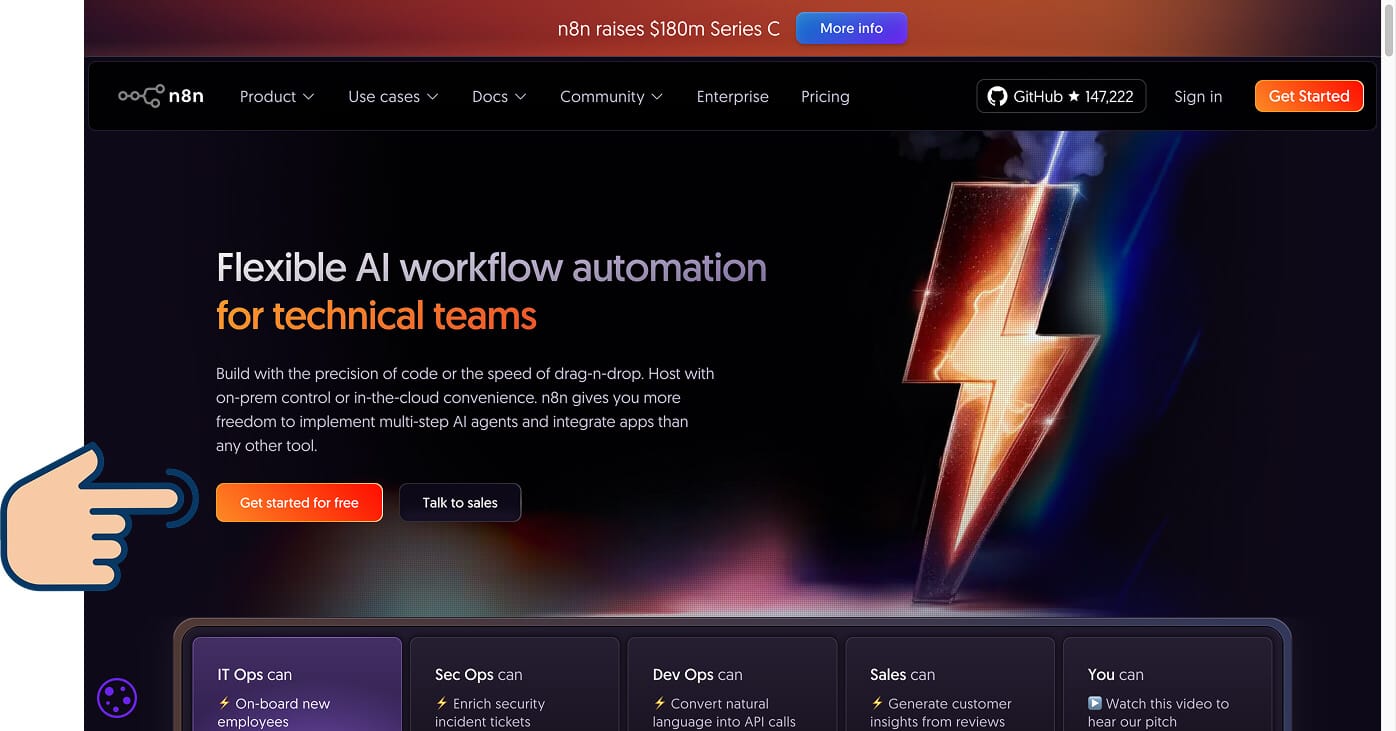 n8n Homepage with an button for getting started