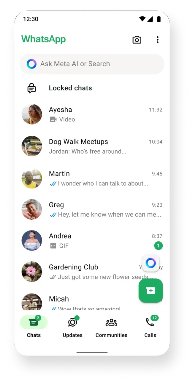 WhatsApp mobile app showing the Chats screen with a list of personal and group conversations, illustrating standard in-app messaging functionality