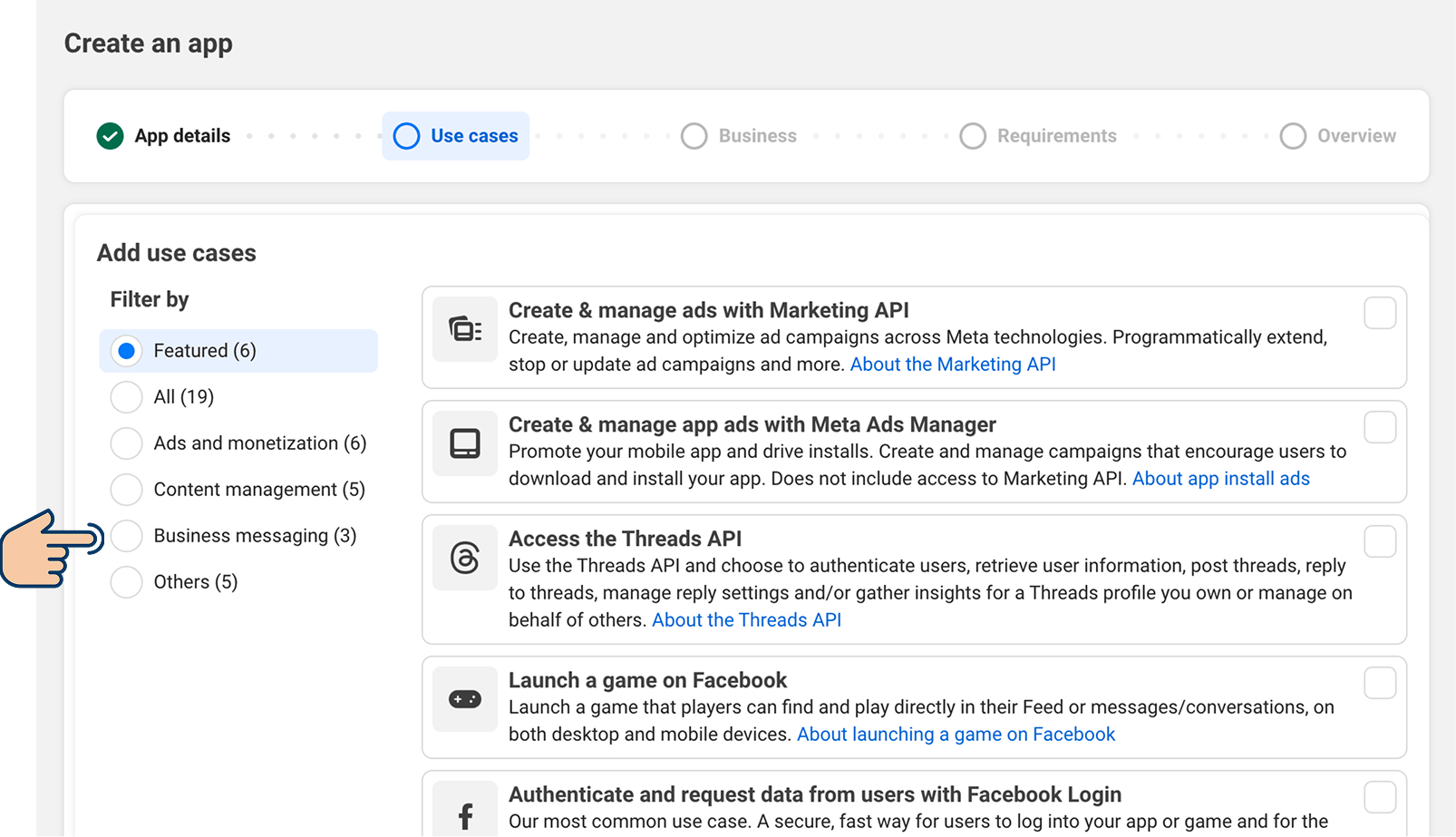 Meta Developer portal "Create an app" wizard on the Use Cases step, with a pointer highlighting the "Business messaging (3)" filter option in the left sidebar.