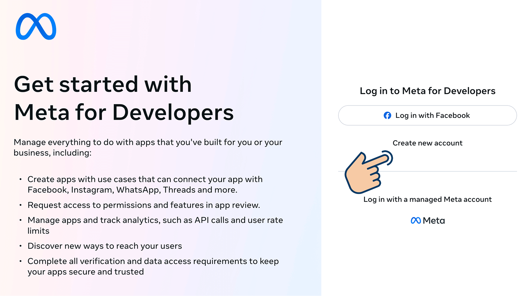 Meta for Developers landing page showing a "Create new account" button alongside options to log in with Facebook or a managed Meta account