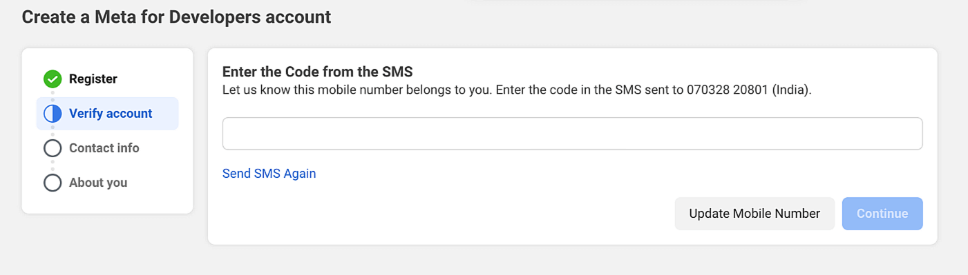 Meta for Developers account creation screen showing the "Verify account" step, prompting the user to enter the OTP code sent via SMS to a mobile number.
