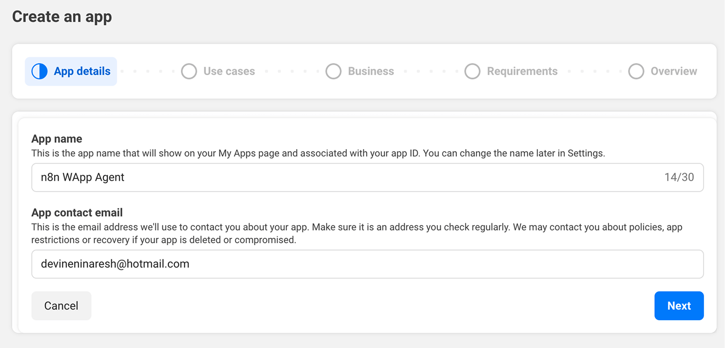 Screenshot of the "Create an app" Step 1 β App details form, with a 5-step progress indicator and fields for app name and contact email.