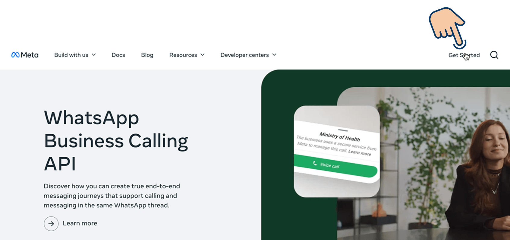Meta for Developers homepage with a cursor highlighting the "Get Started" button in the top-right corner
