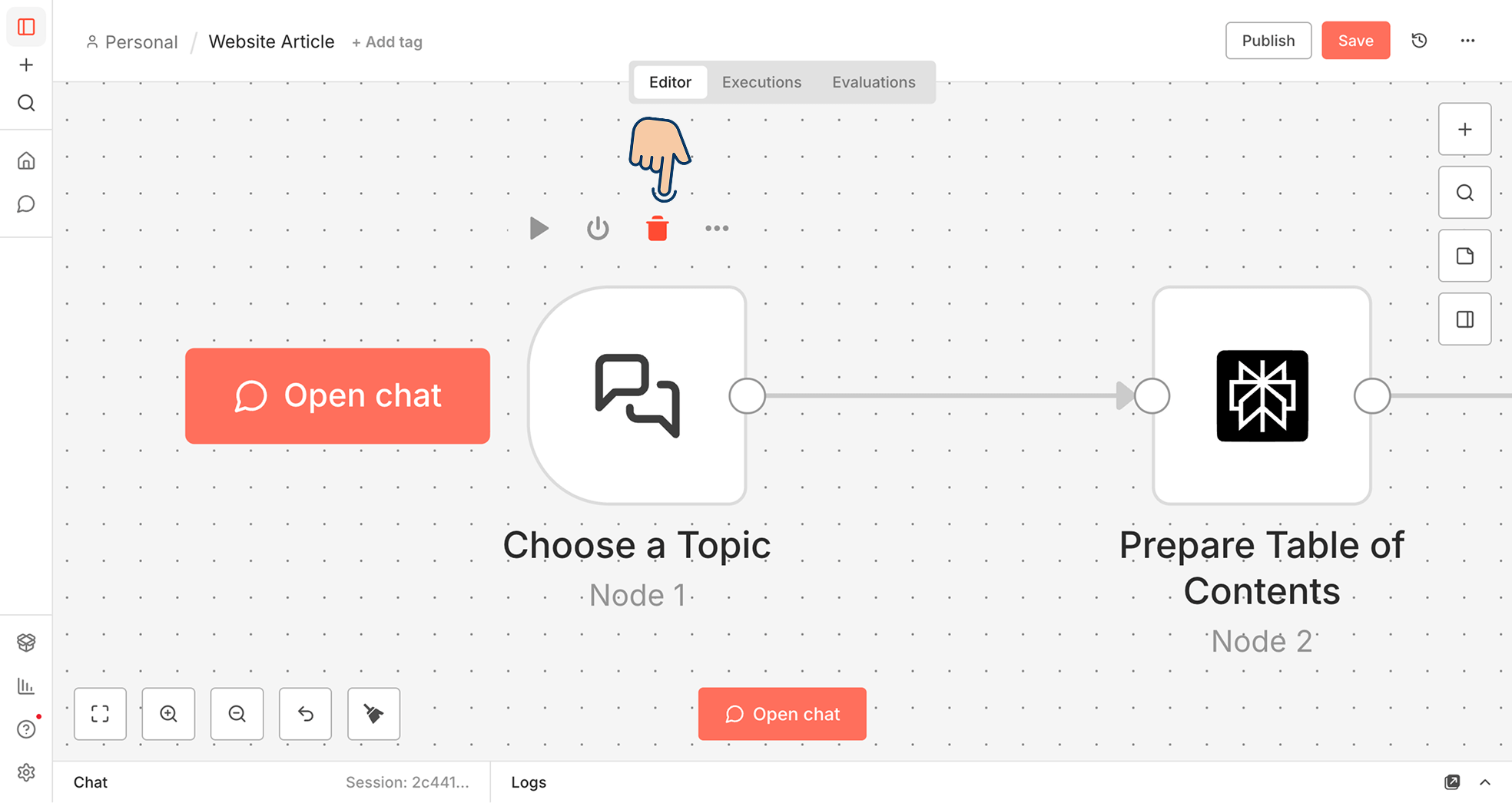 Trash icon for deleting a node in n8n