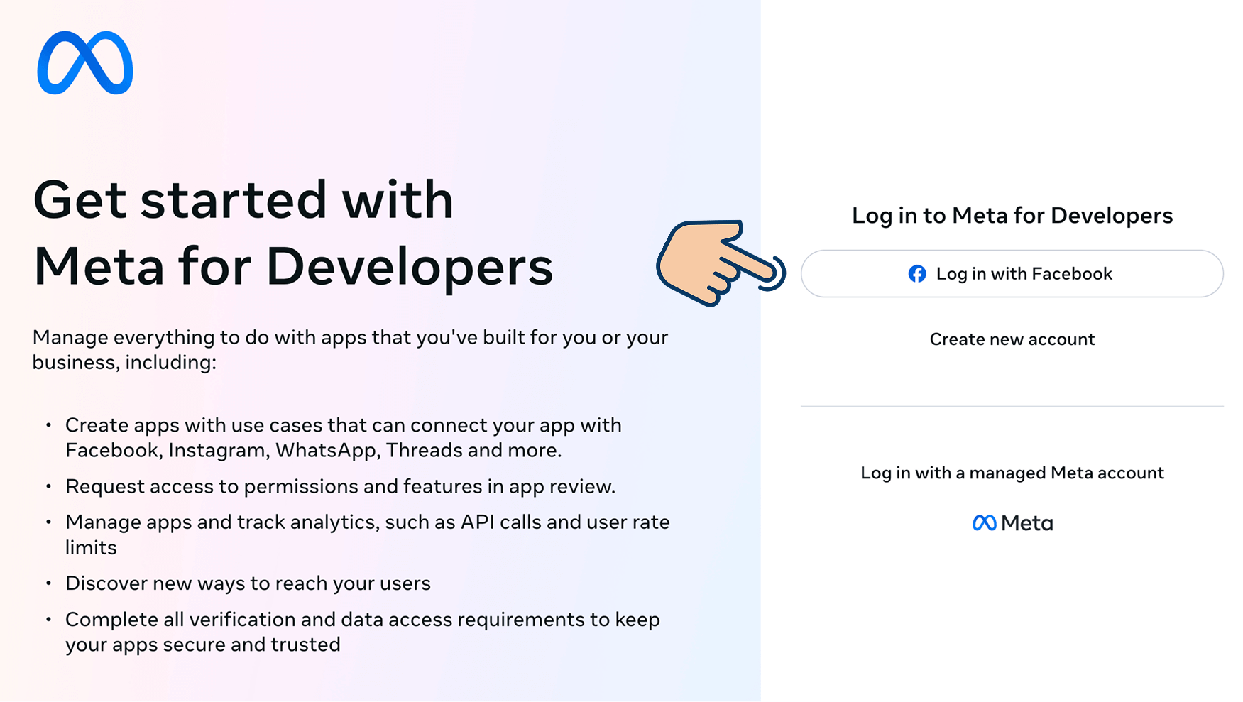 Meta for Developers page with a hand cursor pointing to the "Log in with Facebook" button in the login panel on the right