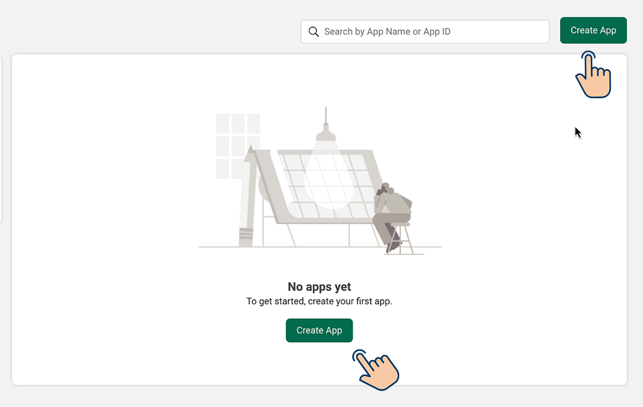 Location of "Create App" button on the "Apps" screen of Meta Developer account