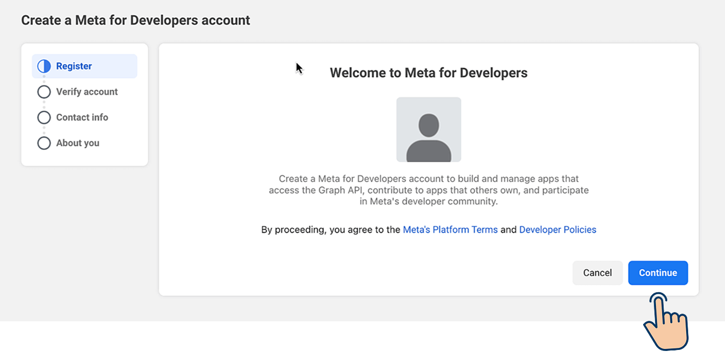 Meta for Developers registration screen showing the "Register" step active in a 4-step sidebar, with a "Continue" button highlighted by a cursor icon.