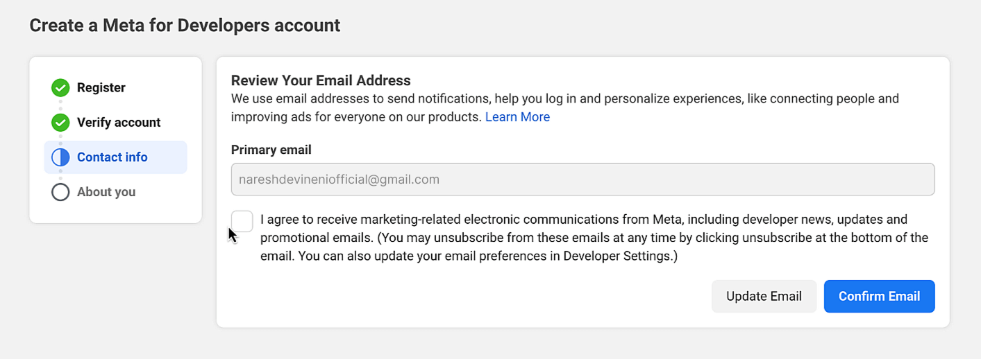Meta for Developers account setup β "Review Your Email Address" step showing a pre-filled primary email field and a "Confirm Email" button