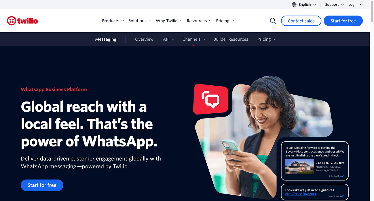 Twilio's WhatsApp Business Platform page with headline "Global reach with a local feel. That's the power of WhatsApp."
