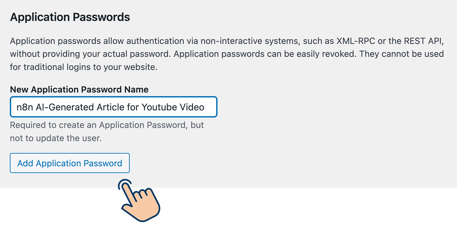 WordPress user profile options for creating and managing application password