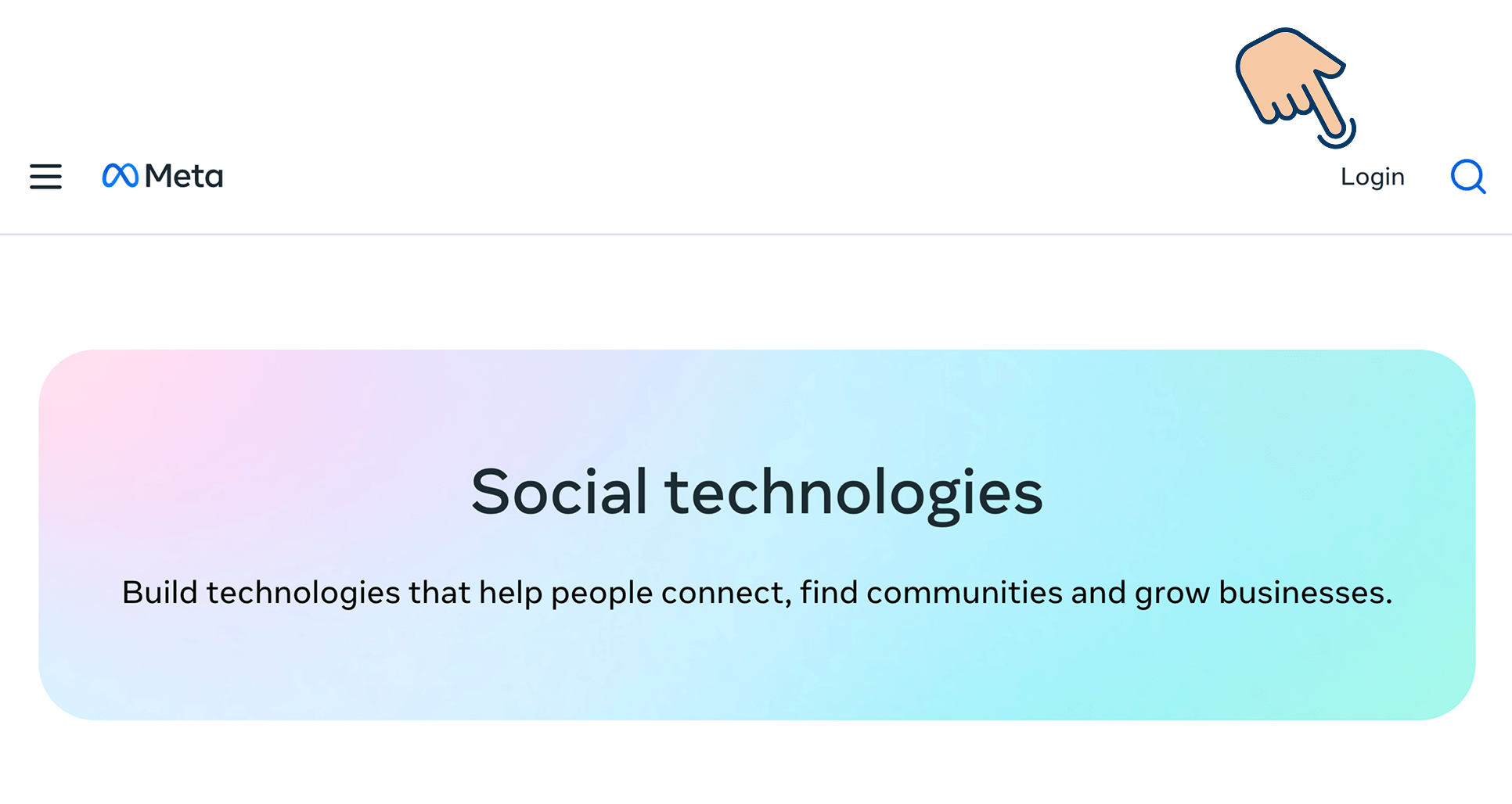 Meta Developer site homepage with a cursor pointing to the "Login" button in the top-right corner