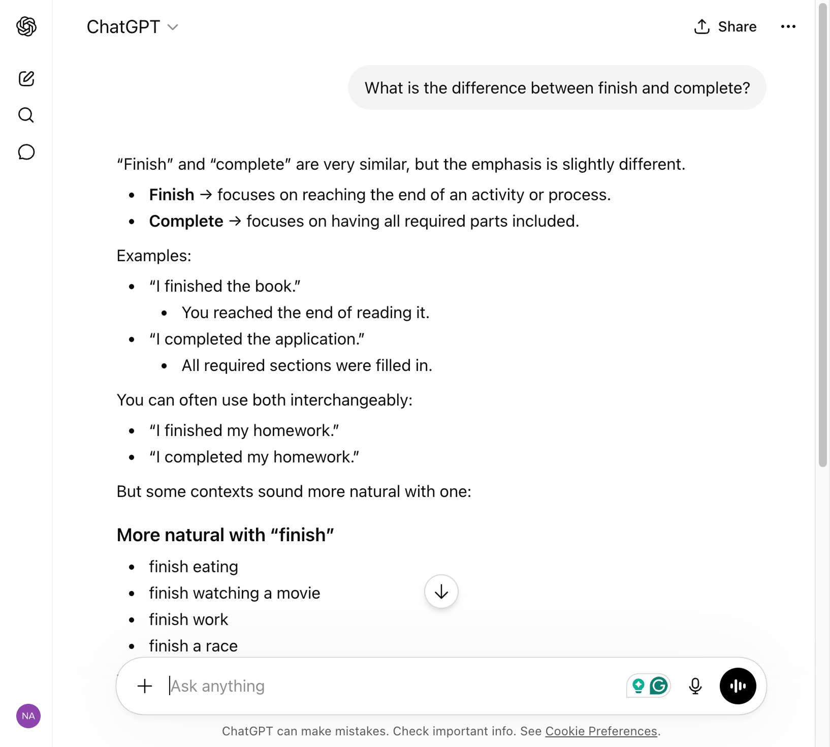 ChatGPT request and response