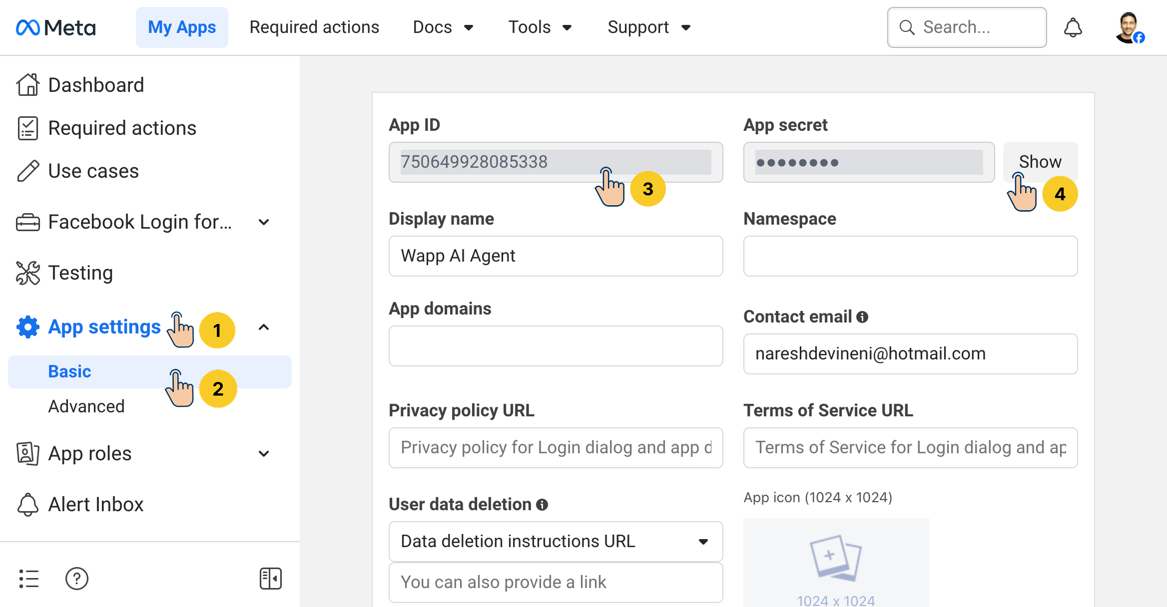 Meta for Developers dashboard showing the Basic settings page with App ID and App secret fields highlighted by numbered callouts