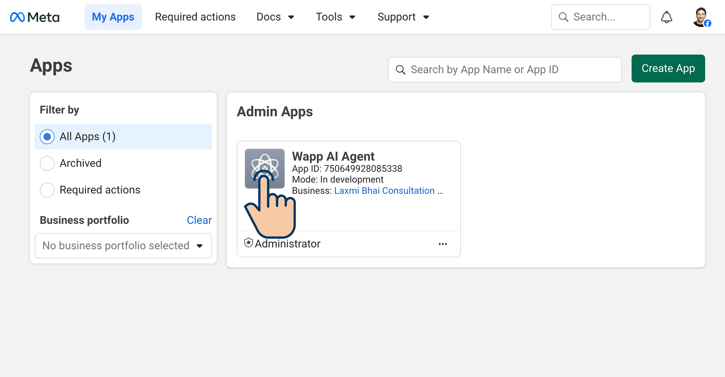 Meta for Developers My Apps dashboard showing the Wapp AI Agent app card with a cursor pointing to it to open the app.