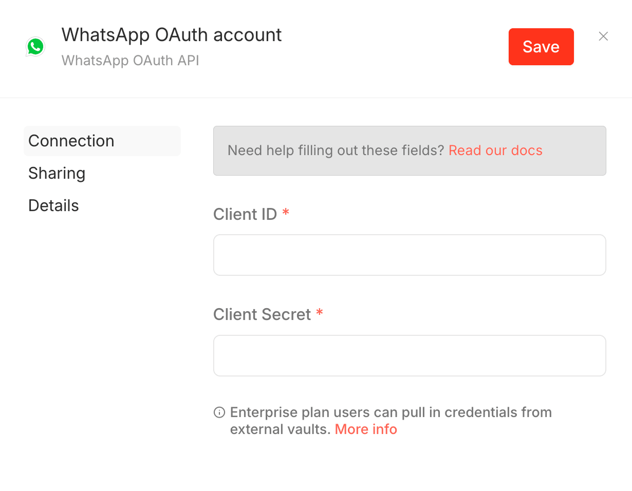 WhatsApp OAuth account credential dialog showing required Client ID and Client Secret input fields under the Connection tab, with a Save button in the top right.