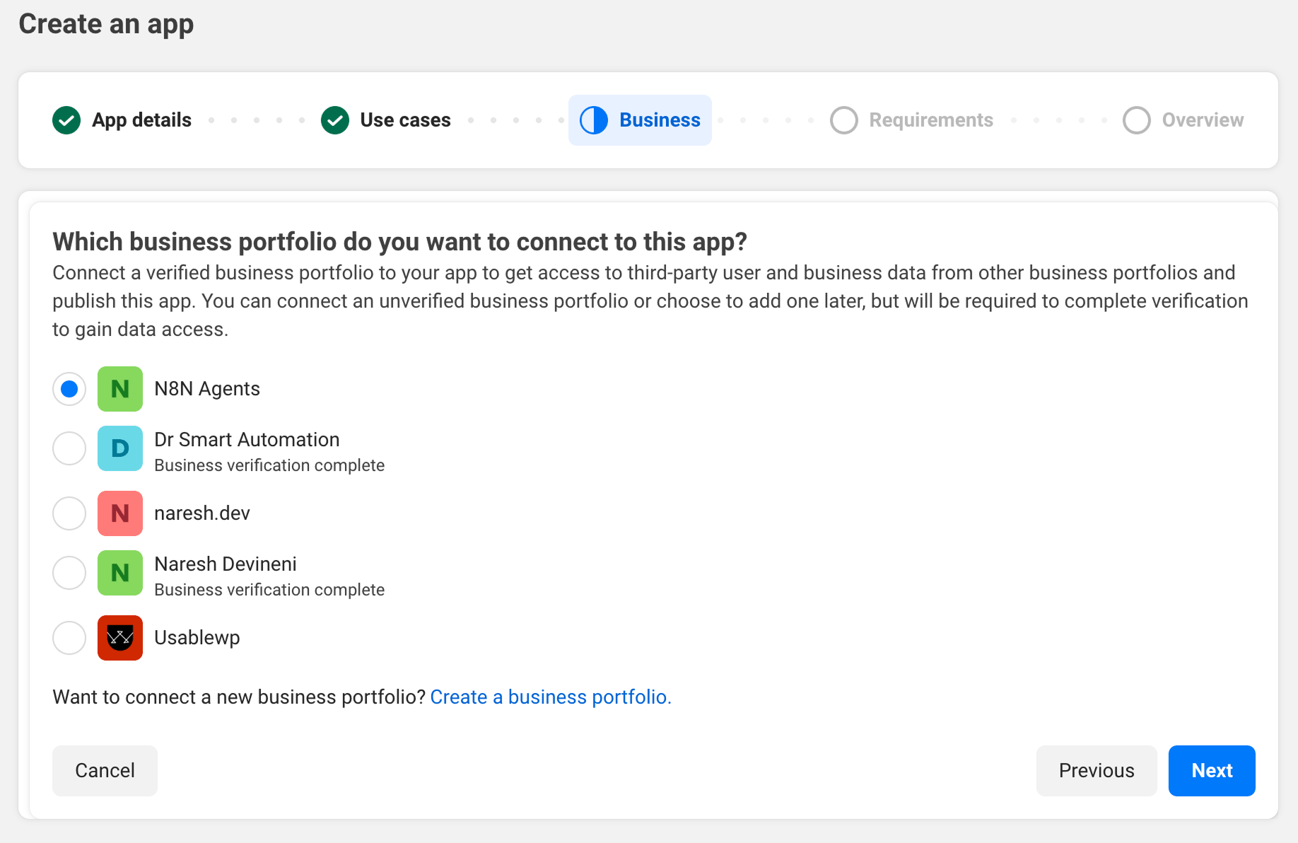 The "Business" step of the Create an app wizard, showing a list of existing business portfolios to connect, with "N8N Agents" selected.