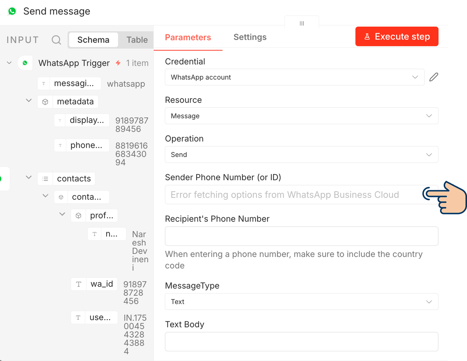 Send message node parameters panel showing "Error fetching options from WhatsApp Business Cloud" in the Sender Phone Number field.