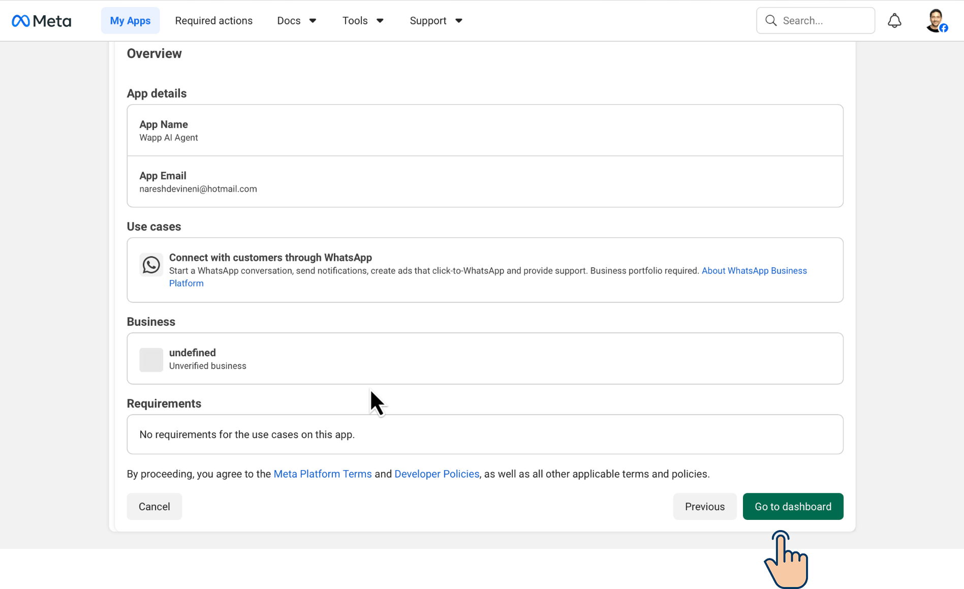 Meta Developer Portal app overview showing app details and the "Go to dashboard" button highlighted at the bottom right.