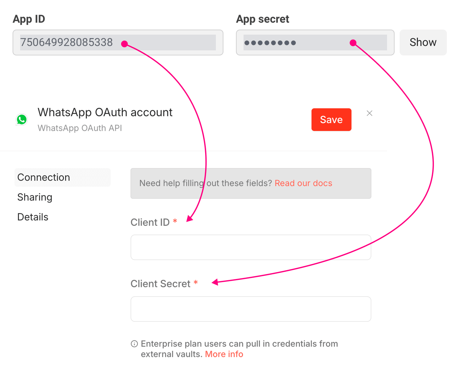 Annotated diagram showing App ID maps to Client ID and App Secret maps to Client Secret in the n8n WhatsApp OAuth credential form