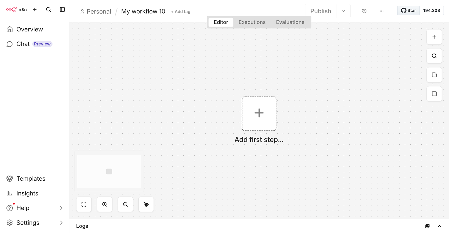 n8n workflow editor showing an empty canvas with an "Add first stepβ¦" prompt in the center