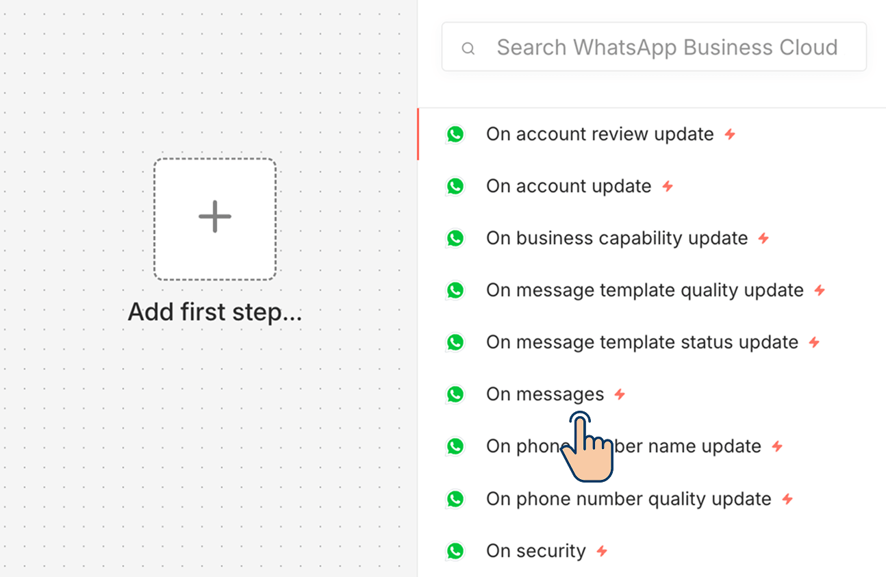 Workflow builder showing the WhatsApp Business Cloud trigger list with "On messages" highlighted and a cursor pointing to it, next to an empty "Add first step" canvas.