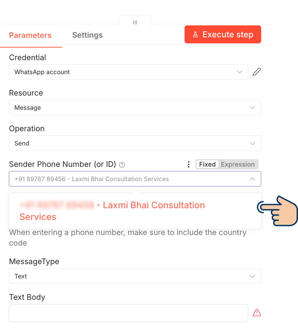 n8n WhatsApp node configuration showing a single sender phone number successfully loaded in the Sender Phone Number dropdown