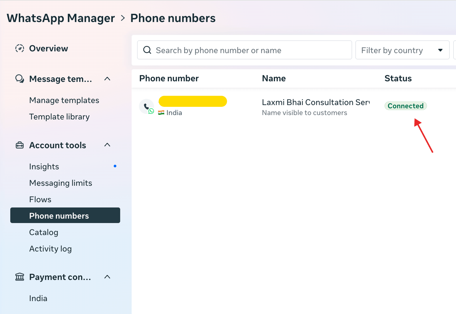 WhatsApp Manager Phone numbers dashboard showing the phone number with status "Connected", highlighted by a red arrow.