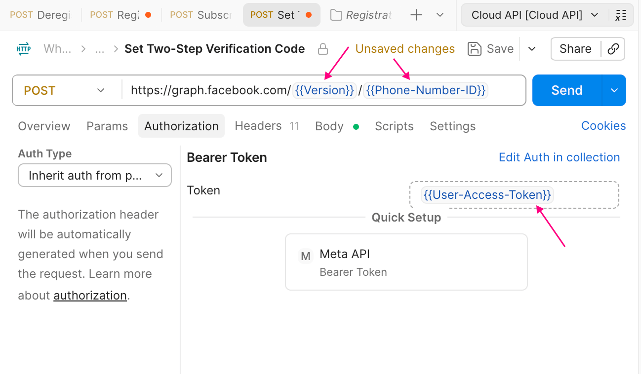 Postman screenshot of a "Set Two-Step Verification Code" POST request showing {{Version}} and {{Phone-Number-ID}} variables in the URL and {{User-Access-Token}} in the Bearer Token field.